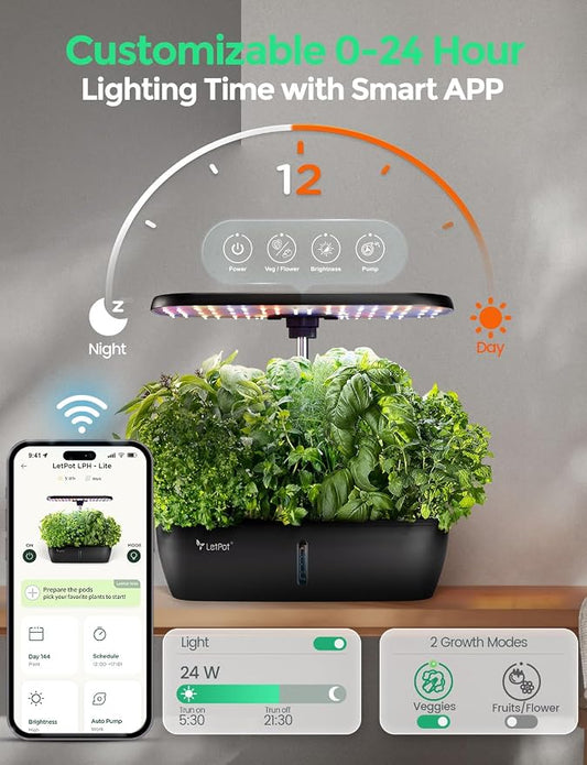 LETPOT LPH-Lite Hydroponics Growing System, 12 Pods Smart Herb Garden Kit Indoor, Indoor Garden, APP & WiFi Controlled, with 24W Growing LED, 5.5L Water Tank, Pump System, Automatic Timer