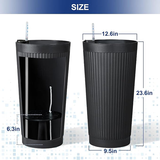 FENCY Self Watering Tall Planters Set of 2, Black Round | 24 Inch, with Water Level Indicator& Spacious Reservoir, Plastic Tapered Pots, Weather-Resistant, Front Door Decor