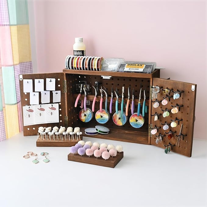 Ikee Design Wooden Pegboard Tool Organizer Box with Doors Wall Mount or Benchtop Jewelry Tool Storage with 40 Hooks & Bur Holders, Workshop Garage Craft Organizer Cabinet, Brown