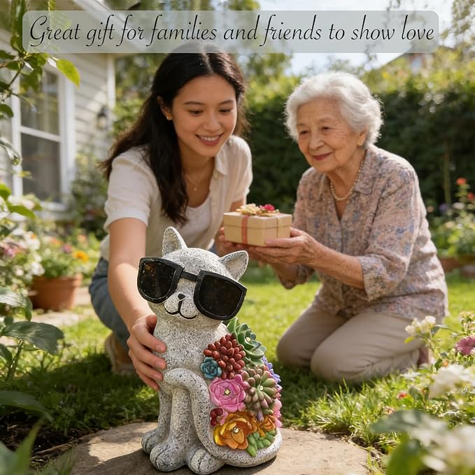 Sharita Solar Cat Garden Decor Statues - with Succulent LED Lights Cat Figurines Gifts for Women Mom Grandma Outdoor Decoration for Patio Yard Lawn