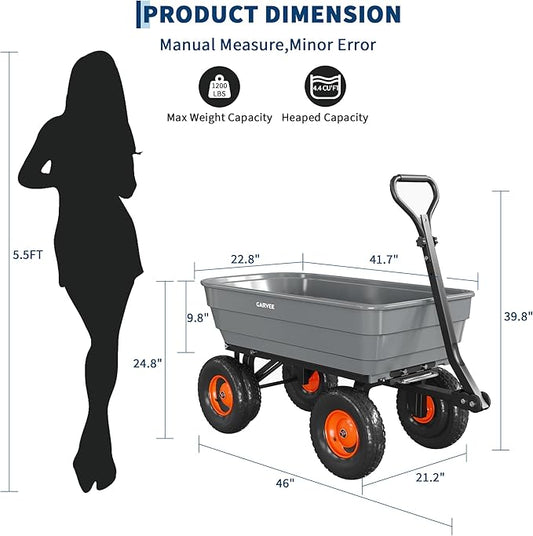 GarveeLife Poly Garden Dump Cart, 1200 lb Wheelbarrow Yard Cart with 13 in Wheels, Quick-Dump & Towable Utility Wagon for Yard, Soil, Rocks(Gray)
