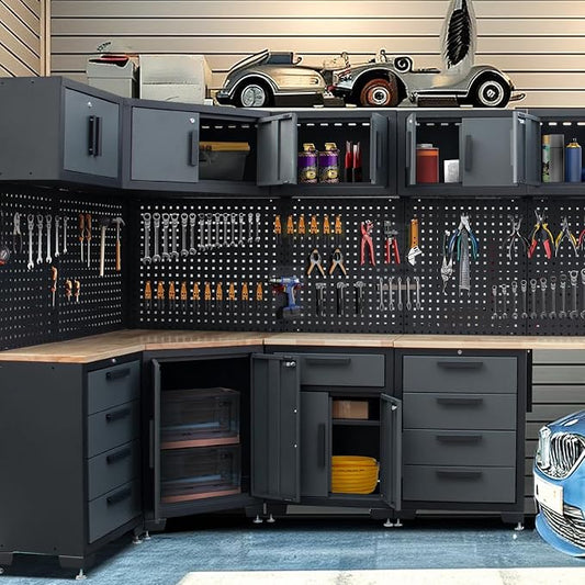 15PCS Corner Garage Storage Cabinet System, Heavy Duty Workshop Set, Corner Cabinet Includes Workbench, Pegboard & Lockable Drawers Metal Tool Organization System for Garage Workshop