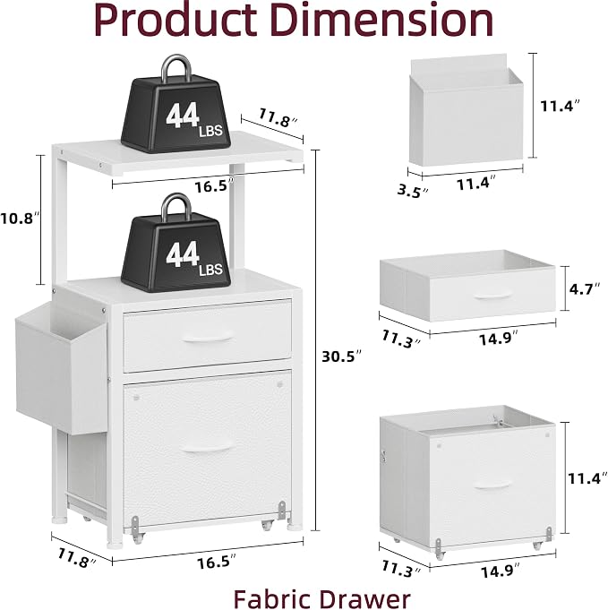 HIGDBFE 2-Drawer File Cabinet with Printer Stand & Dual Shelves, White | 2-Tier Printer Storage, Letter File Drawer, Reversible Side Bag, Smooth Drawer Slides, Rolling Support Board
