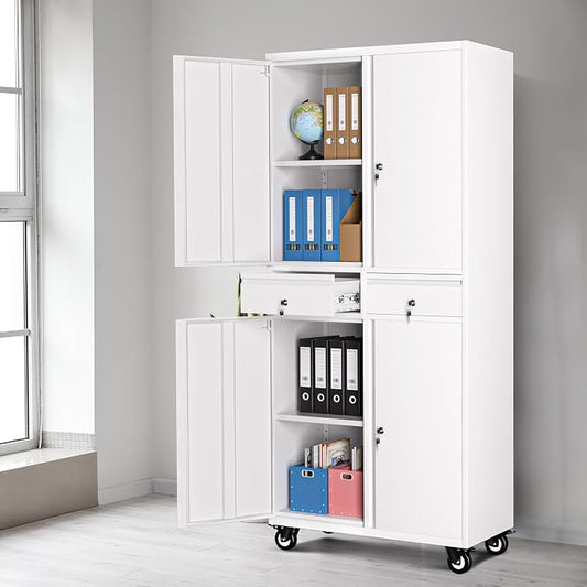 Metal Storage Cabinet with Wheels, 72โ Rolling Garage Organizer with Locking Doors & 2 Drawers, Heavy Duty Steel Tool Cabinet with 3 Adjustable Shelves, Lockable Filing Cabinet for Home Office