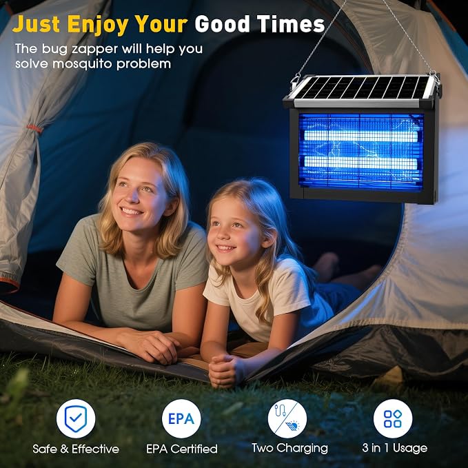 Solar Bug Zapper Outdoor, 4500V Solar Mosquito Zapper Outdoor Waterproof, 1/2 Acre Coverage Rechargeable Electric Fly Zapper, Cordless Portable Mosquito Traps for Backyard, Patio, Camping, Indoor
