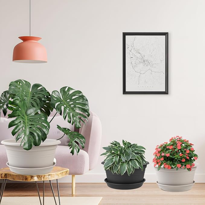 Large 4 Pack 13 inch Plant Pots, Round Plastic Pots for Plants, Outdoor Planters with Drainage Hole & Tray Saucer, Decoration Large Flower Pots for Indoor Outdoor Garden Home Plants (Gray White)