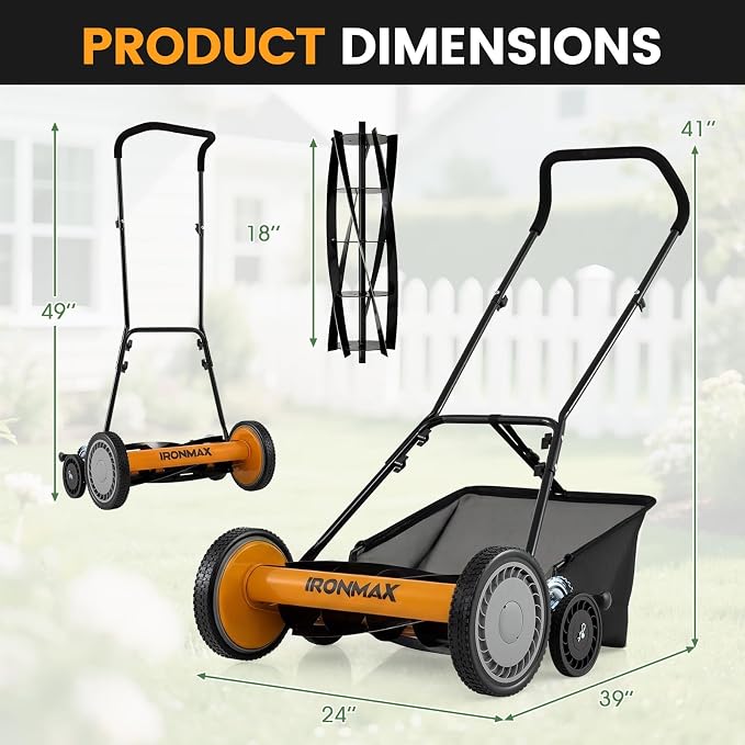 Goplus 18 Inch Push Reel Lawn Mower, 5-Blade Manganese Steel Manual Grass Cutter, 4-Position Adjustable Height, Removable Grass Catcher, Quiet No-Motor Walk-Behind Mower for Yard, Lightweight