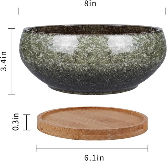 8 Inch Ceramic Bonsai Planter Pot, Glazed Shallow Succulent Planter with Drainage Hole and Bamboo Saucer for Indoor Plants, Brown