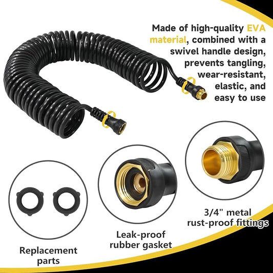 Coil Hose,3/8" EVA Coil Garden Hose 25 FT,Curly Water Hose Lightweight with Metal Connectors and Swivel Handle,Retractable Garden Hose Includes 8-Pattern Spray Nozzle for Boat, Yard, Patio
