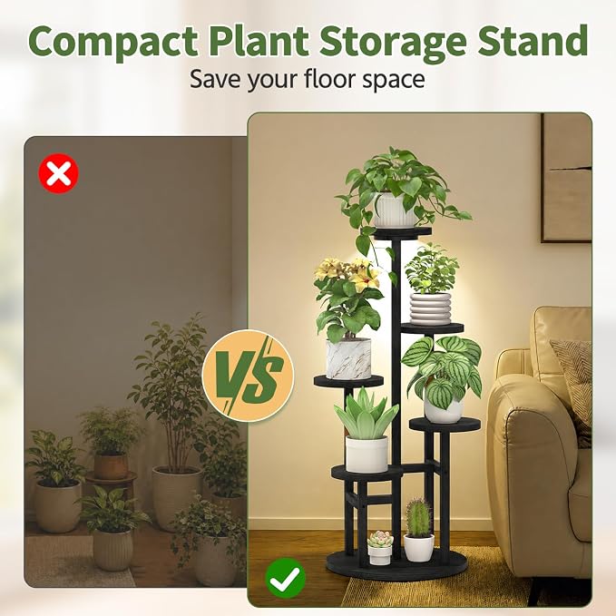 LASZOLA 5 Tiered Wood Plant Stand Indoor Corner with Grow Light, Flower Holder Rack Tall for Multiple Plants, Rustic Planter Shelf Display for Patio Garden Balcony Living Room๏ผ Black