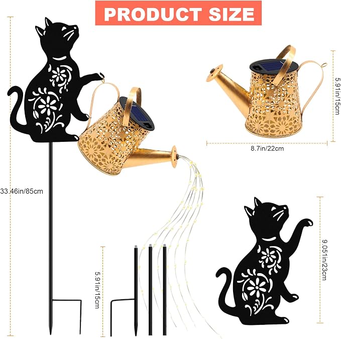 VOOKRY Solar Lights Outdoor,Watering Can with Cat Silhouette Stake | Garden Gifts for Mom,Women&Garden Lovers Waterproof Metal Garden Water kettle,Decorative Yard Patio Lawn Pathway Decor(1Pack)
