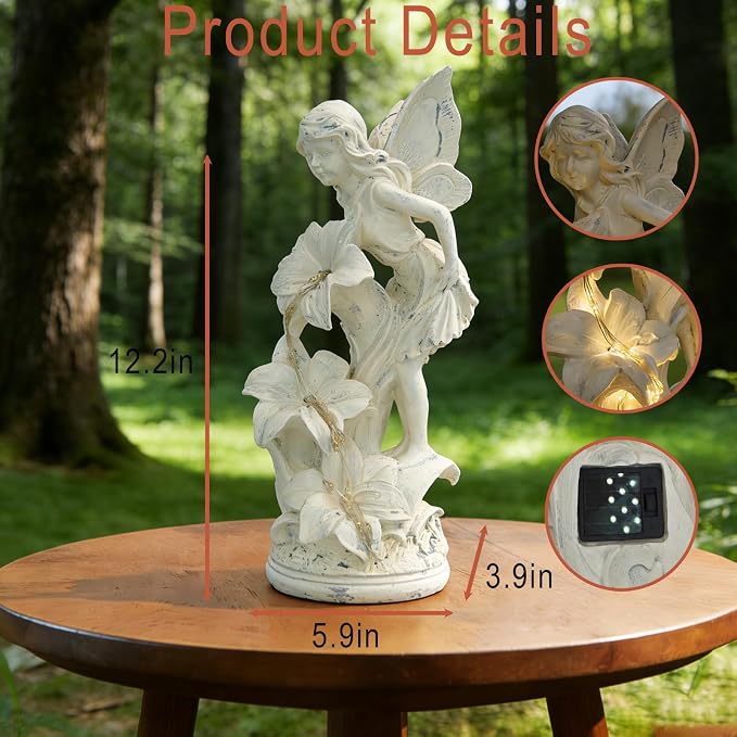Angel Figurines Garden Statue with Solar Powered Light 12.2IN | Resin Angel Statue Decor for HOME Patio Lawn Yard Balcony, Resin Angel Sculpture, Memorial Gift for Mom/Grandma/Garden Lovers