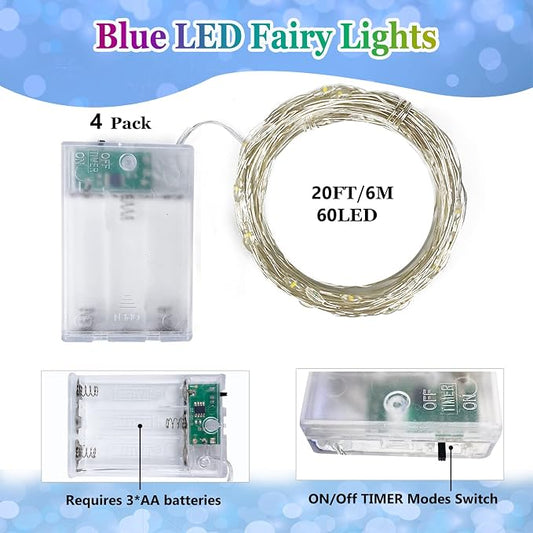 4 Pack 60 LED Fairy Lights Battery Operated with Timer, 20FT Waterproof String Lights Indoor Outdoor, Cuttable Battery Light for Home Bedroom Wedding DIY Centerpiece Christmas Decorations (Blue)