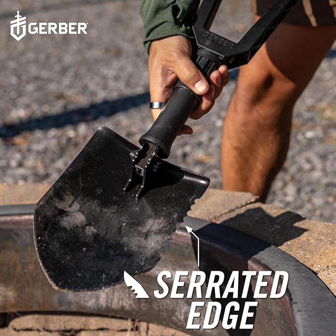 Gerber Gear E-Tool Spade, Folding Shovel for Camping, Serrated Blade Edge & Glass-Filled Nylon Handle, 2’, Black