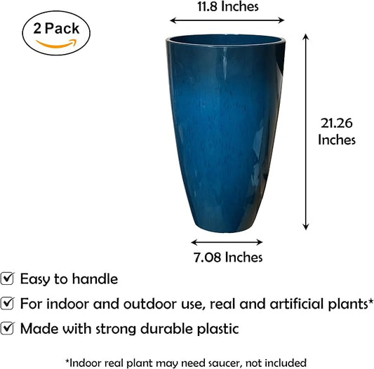 RUBBER BOND Plant Pots 2 Pack - Modern Indoor/Outdoor Planters for Home Decor - Weather-Resistant Large Flower Pots - Lightweight 21.26 Inches Tall Planters - Blue Glossy Round Pots for Plants