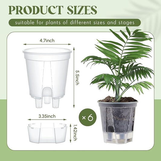 Wonderjune Self Watering Pots for Indoor Plants with Deep Reservoir and High Drainage Holes for Outdoor Plants and Flowers, Bare Root Planter(4.72'',Clear,6 Pcs)