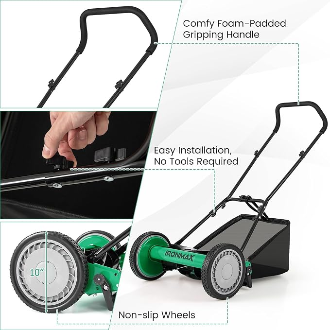 IRONMAX Lawn Mower, 16 Inch Push Reel Lawn Mower with 5 Steel Blades, Adjustable Cutting Heights, Grass Catcher Bag, Walk-Behind Manual Lawnmower for Garden Park Yard, No Motor (Green, 16 Inch)