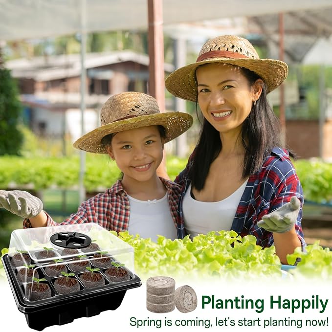 Halatool 4 Pack Seed Starter Tray with 50 PCS Peat Pellets, 48 Cells Black Seeding Starter Trays for Organic Seed Starter Soil Pods for Planting Vegetables Plants Flowers - Starting Seeds Kit