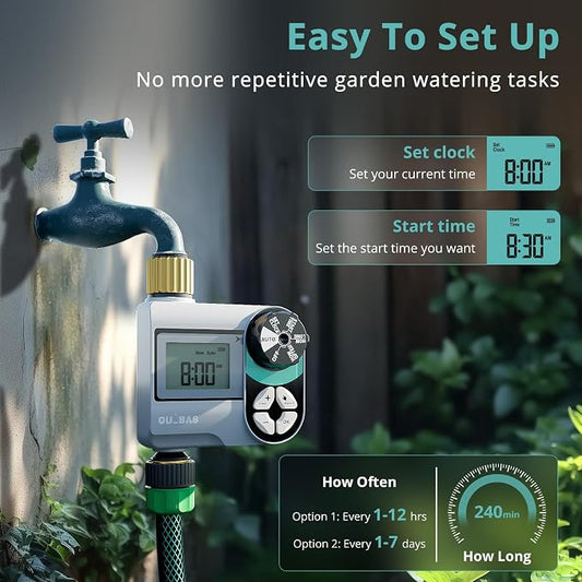 QUOBAS Brass Sprinkler Timer 2 Pack, Programmable Water Hose Timer for Garden Hose Faucet with Waterproof HD Screen, Rain Delay/Manual/Automatic Irrigation Watering System for Garden, Lawn, Yard