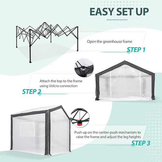 EAGLE PEAK 8x8 Portable Walk in Greenhouse with Polyester Reinforced Corners, Heavy Duty Instant Pop Up Indoor Outdoor Green House, Front Roll Up Zipper Entry Door and Mesh Windows, Gray/White