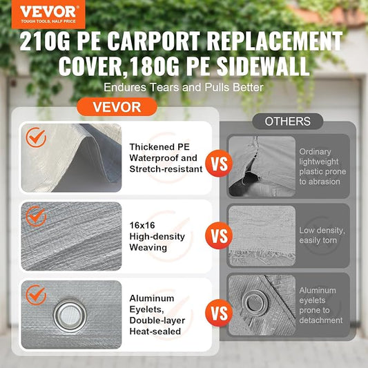 VEVOR Carport Replacement Canopy Cover Top + Side Wall 12 x 20 ft, Garage Tent Shelter Tarp Heavy-Duty Waterproof & UV Protected, Easy Installation with Ball Bungees,Grey (Frame Not Included)