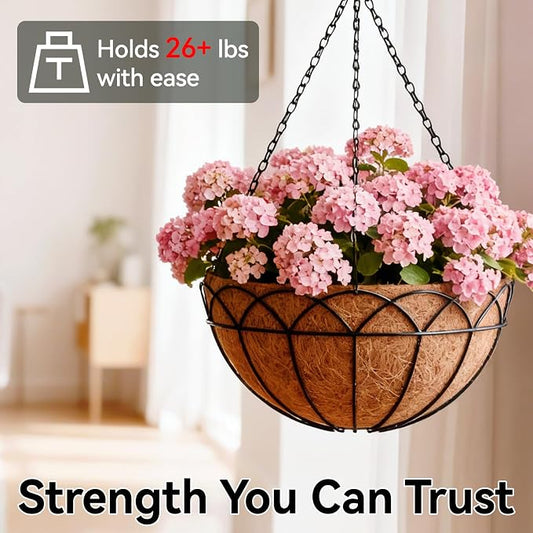 Halatool 2 Pack 14 Inch Hanging Baskets with Coco Liners, Rustproof Metal Flower Planters with Chain Hooks, No Tool Needed Heavy Duty Hanging Pots for Outdoor Patio Balcony Decor