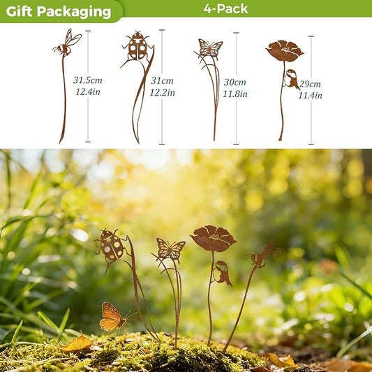 4-Pack Metal Garden Stakes for Outdoor, Rustic Bird Bee Butterfly Ladybug | Outdoor-Resistant Metal, Vintage Rust Finish, Cute Insect Shapes, For Flower Bed Planters Patio Lawn, Gifts for Garden Lovers