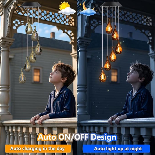 Zeiliuled Solar Wind Chime, Flickering Flame Solar Lantern Wind Chime | Gifts for Mom Grandma Girls, Outdoor Decorative Mobile Lights for Garden, Yard, Patio, Window, Party Décors(Warm White)