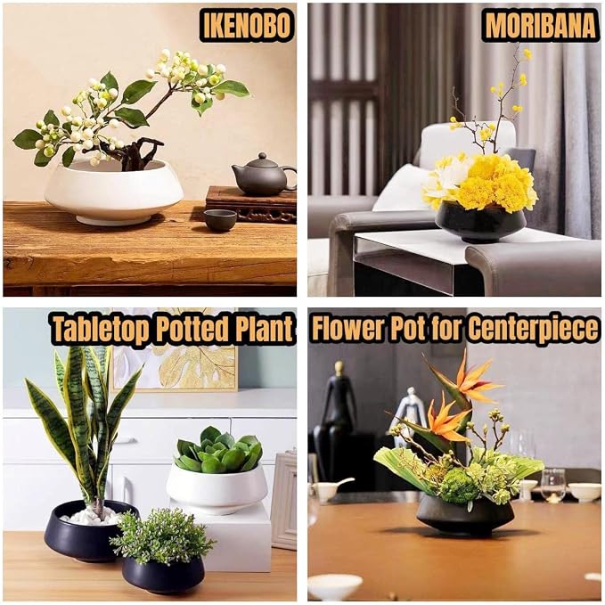 Ceramic Flower Pot Flower Arrangement Set Japanese Ikebana Floral Art Supplies Handmade Flower Bowl Decorative Flower Vase for Centerpieces (Small Black)