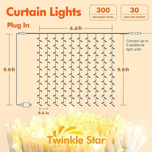 Twinkle Star 300 LED Window Curtain String Lights, Warm White, 2 Pack | 8 Modes, Fairy Lights, Wedding Party Home Garden Decor, Indoor Outdoor Wall