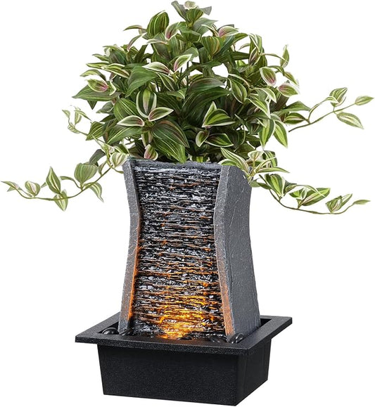 GOSSI Tabletop Water Fountain with LED Lights, Indoor Waterfall Fountain for Home Office Bedroom Decor, Includes Plastic Pots for Plant Growing, Relaxation Desk Accessory (24285)