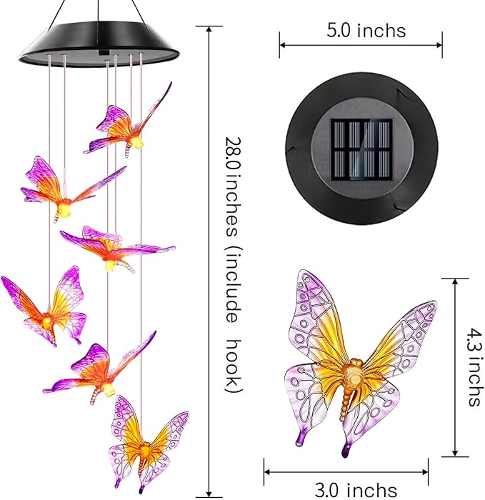 Butterfly Solar Wind Chimes, Butterfly Wind Chimes for Outside, | Color Changing Wind Chimes ,Best Gifts for Mom Grandma Women Wife Aunt Sister, Hanging Wind Chime for Home Garden Yard Decor