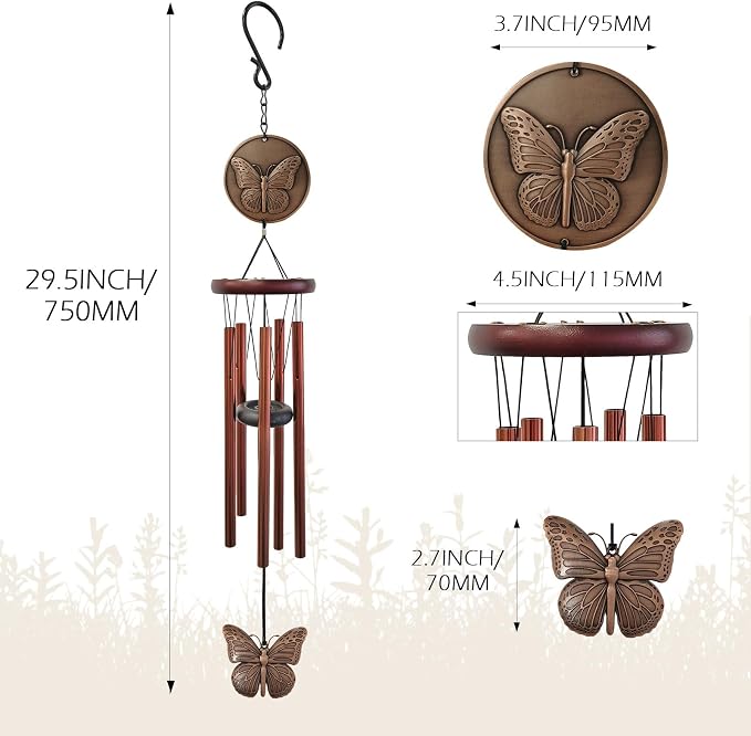 Butterfly Wind Chimes for Outside,32" Outdoor Wind Chime Butterfly Gifts for Women/Mother/Father/Christmas/Unisex,Unique Windchimes Outdoors Zen Garden Patio Home Yard Decor(Copper)