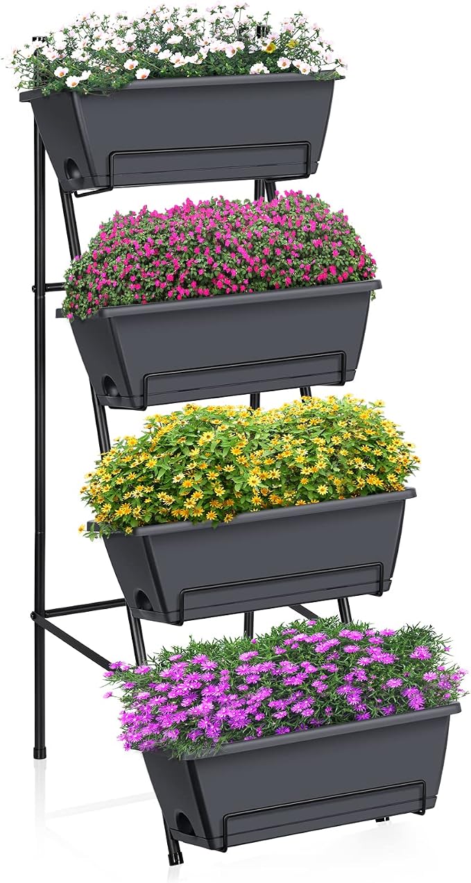 OYEAL Raised Garden Bed 4 Tier Vertical Garden Planter Indoor Outdoor Raised Planter Box with Legs Elevated Herb Garden Planters for Flowers Vegetables Plants, Grey