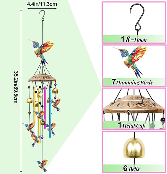 35" Wind Chimes for Outside, Hand-Tuned Aluminum Windchimes with 6 Bells & Hummingbird Decor, Rustproof Metal Chimes for Garden Patio Porch, Sympathy Memorial Gift(Hummingbird)