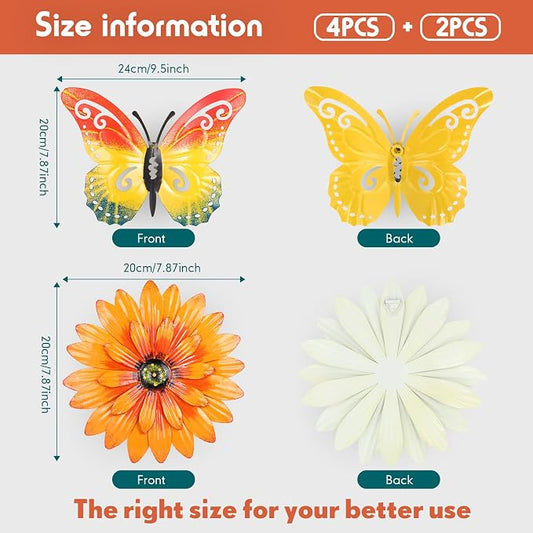 Zhehao 6 Pcs 9.5'' Metal Butterfly Wall Decor 7.8'' Metal Flowers Outdoor Wall Decor Sunflower Outdoor Art Fence Art Decorations for Garden Bedroom Bathroom Decorations