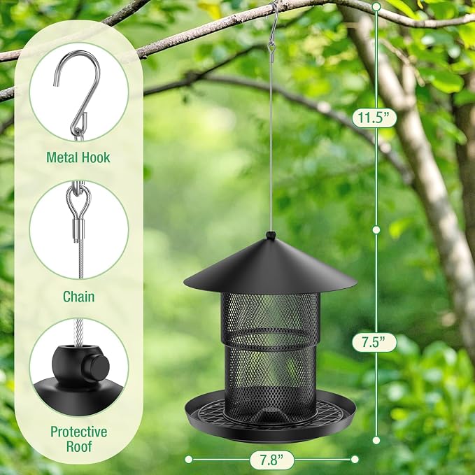 Bird Feeder for Outdoor Hanging, No Mess No Spill and Squirrel Proof Feeder | Squirrel Proof Bird Feeder with Catch Tray - Large Capacity All-Metal for Outside Hanging