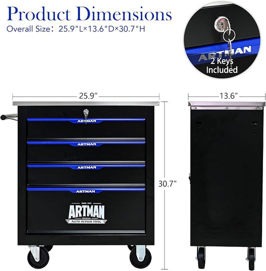 4-Drawer Rolling Tool Chest, Lockable Stainless Top for Garage, Black&Blue | Heavy Duty Modular Roll Around Tool Cabinet with Drawers for Workshop and Tool Box Storage