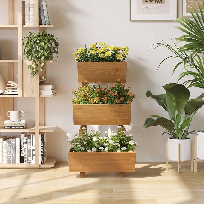 3-Tiers Wooden Raised Garden Bed Tiered Planter Box Flower Pots Vertical Garden Planter Wood Plant Stand for Vegetables Flowers Herbs for Patio, Balcony, Freestanding (Brown S)
