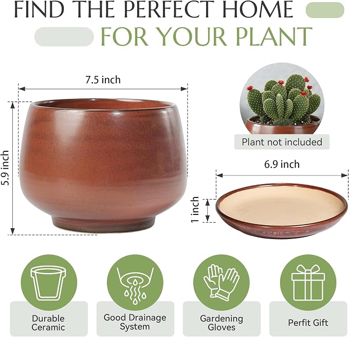7.5 Inch Flower pots for Indoor Outdoor Plants with Saucer Drainage Leak-Proof Mesh, Ceramic Planter with Gardening Gloves for Succulent and Flower(Iron-red)