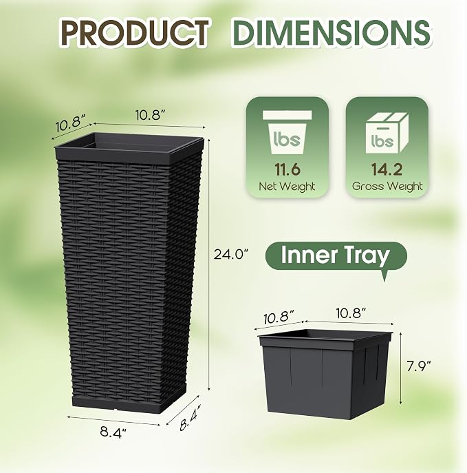 30 Inch Tall Plastic Planters(Set of 2), Detachable Inner Pot & Drainage Holes, Outdoor Decorative Flower Pots for Large Plants, Trees, Patio, and Garden, Black