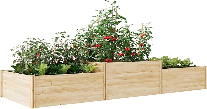 SPECRAFT 2-Tier Raised Garden Bed, 23-Inch Deep Fir Wood Planter Box with Mortise & Tenon Structure, 3-Section Open Base for Vegetable, Flowers & Herb, for Backyard, Garden, Patio, 142 x 49 x 24 in