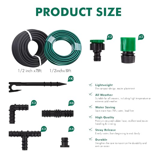 Customized Water Saving Drip Irrigation System - 1/2 Inch x 75ft Soaker Hose with 50ft PVC Garden Hose, Quick Connect Irrigation Watering Hose Kits with Reinforced Fittings for Yard & Vegetable Patch