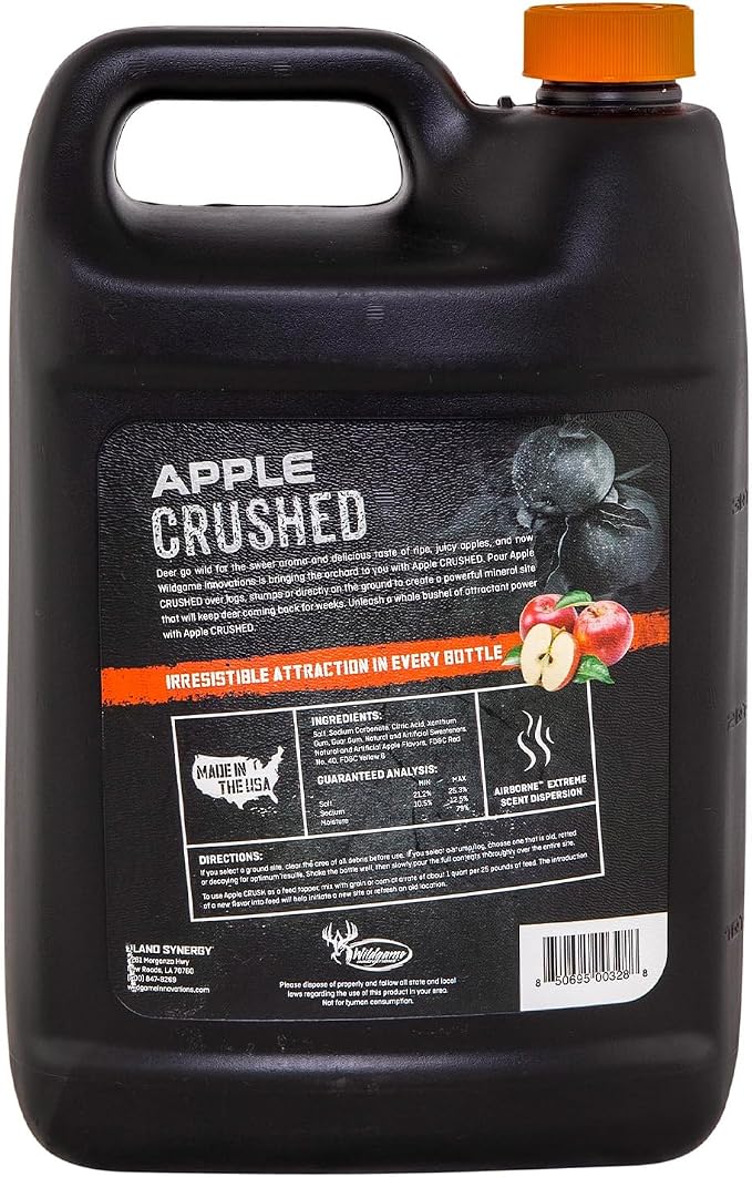 Wildgame Innovation Apple Crushed Liquid Deer Attractant, 1 Gallon Time-Released Juiced Sweet & Salty Mineral Lick with Airborne Extreme Scent Dispersion