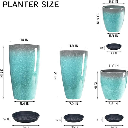 ZMTECH 24/21/12/10" H Large Plastic Planters with Drainage Hole and Saucer -Set of 4 Tall Lightweight Flower Pot for Front Porch Patio Deck,Sky Blue with White Spots