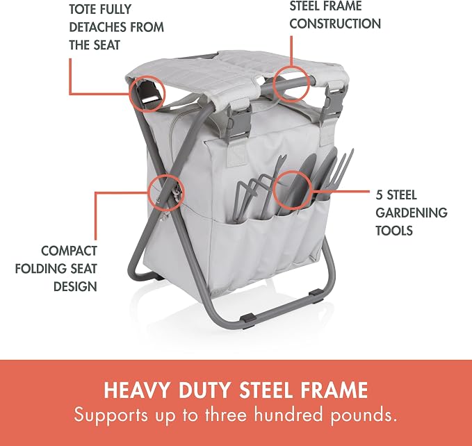 Picnic TIME Gardener 2.0 Folding Seat with Tools, Folding Garden Stool with Detachable Storage Tote Bag, Portable Folding Chair Seat with Garden Tools Set Organizer, (Fog Gray)