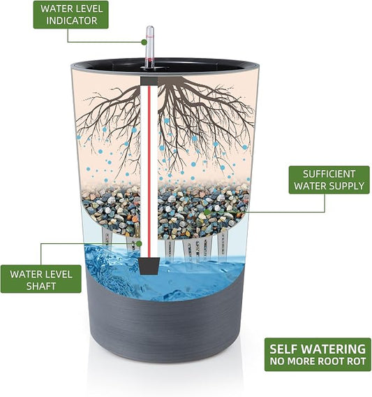 Dexceder 16x12 Self Watering Tall Planter (Gray, Wire Drawing) | High Cylinder, Thickened Large Floor Standing Flower Plant Pot with Water Level Indicator Indoor Outdoor