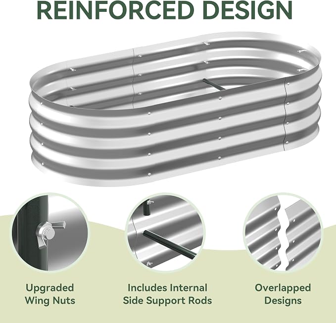 Lineware Raised Garden Bed with Self-Watering System, 4x2x1 ft Elevated Planter Boxes Outdoor with Mesh Cover, Oval Galvanized Raised Beds for Gardening,Vegetables,Flowers, Backyard, Patio