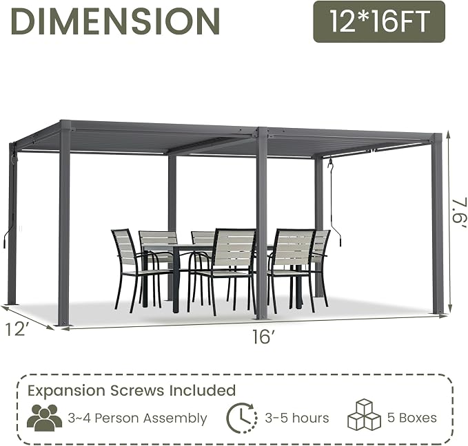 Louvered Pergola 12'x16' Outdoor Pergola with Roof, Heavy Duty Aluminum Frame, Hardtop Gazebo with Adjustable Louvers for Patio, Deck and Backyard, Gray