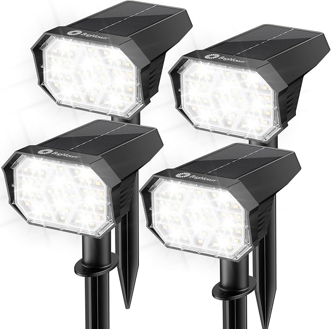 Brightown 4Pack Solar Spot Lights Outdoor with 58 LED & 1800mAh, IP67 Solar Lights Outdoor Waterproof with 3 Light Modes, 2-in-1 Dual Use Outdoor Solar Lights for Yard, Garden and Pathway (Cool White)
